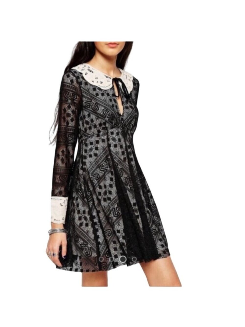 Free People NWT Talk That Talk Black & Cream Lace Dress W/ Peter Pan Collar & Lo